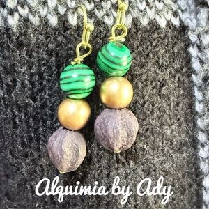 Malachite gold  handmade dangle earrings